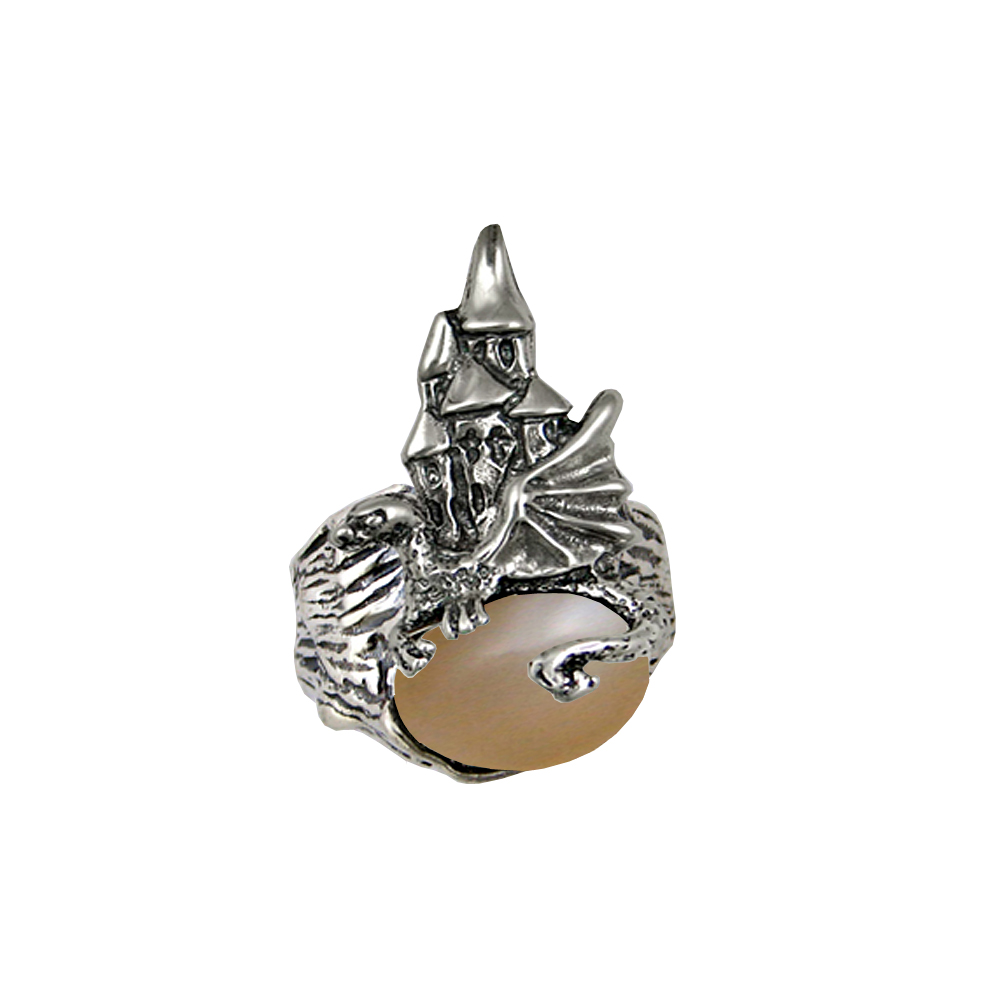 Sterling Silver Dragon And Her Castle Ring With Peach Moonstone Size 8